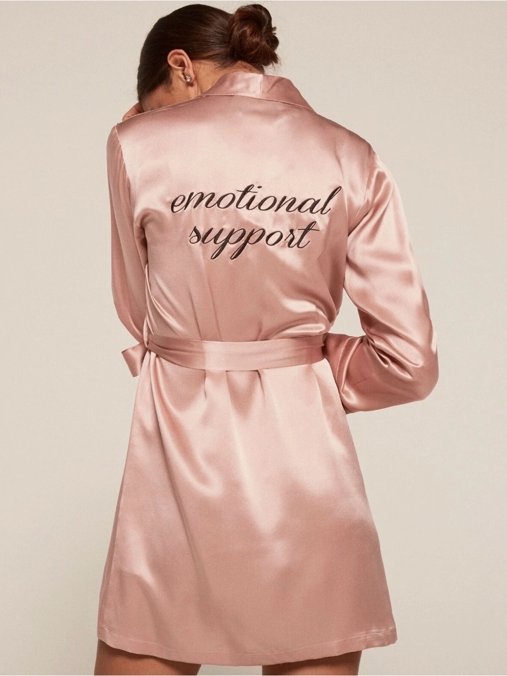 Reformation 100% Silk  Robe in Rose Pink with 'Emotional Support' Embroidery